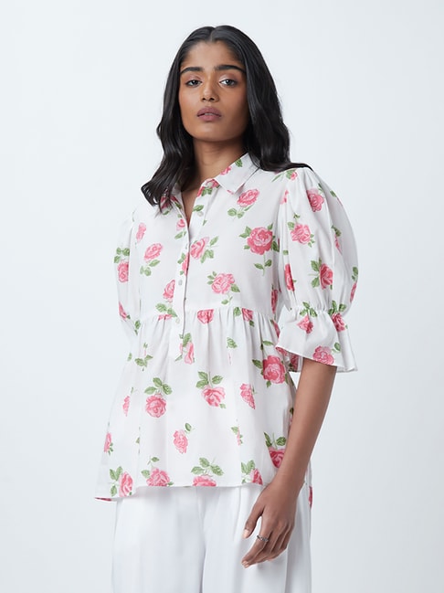 Bombay Paisley by Westside White Floral-Printed Peplum Blouse Price in India
