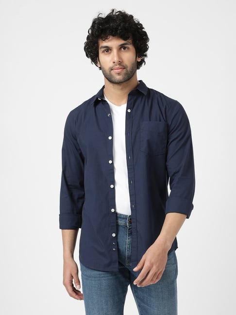 Wrangler Navy Blue Cotton Slim Fit Shirt