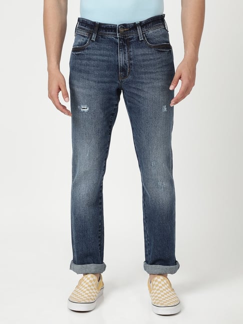 Wrangler Light Indigo Cotton Regular Fit Distressed Jeans