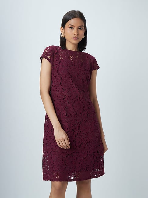 Wardrobe by Westside Burgundy Lace Design Dress Price in India