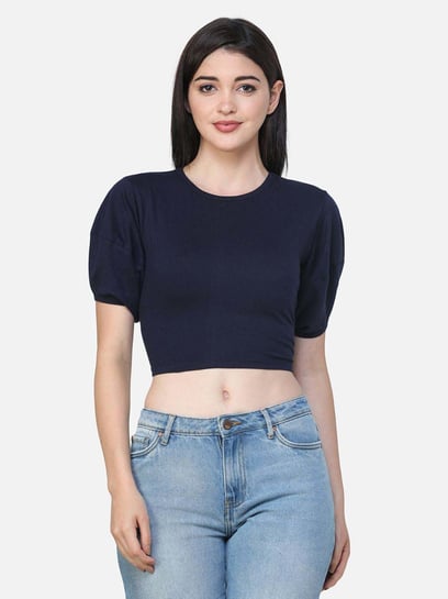 Navy Blue Plain Crop Top