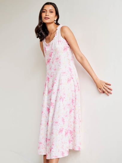 Buy WHITE FLORAL PRINT MIDI DRESS for Women Online in India