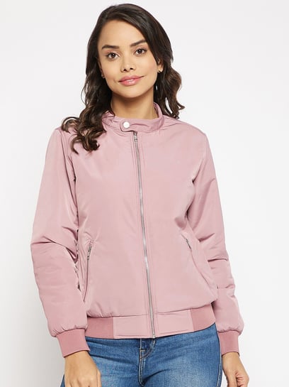 Allegra K Women's Quilted Zip Up Raglan Sleeves Bomber Jacket S Pink