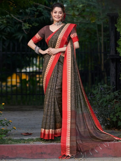 Kachhi Kathiawari work on BD Cotton Saree with Black and Orange combination  - Rapurnas