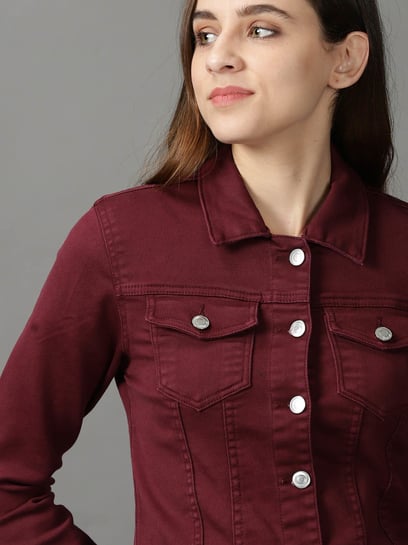 Burgundy denim best sale jacket with fur