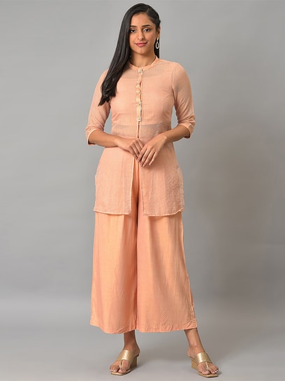 Solid Color Art Silk Pleated Palazzo in Peach : BNJ454