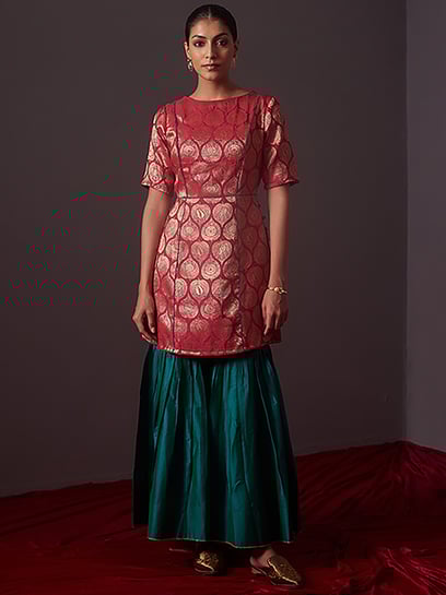Abhishti Pink u0026 Green Zari Work Kurti Sharara Set