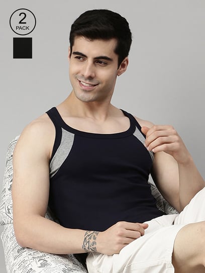 Lux Cozi Navy & Black Regular Fit Vest - Pack of 2