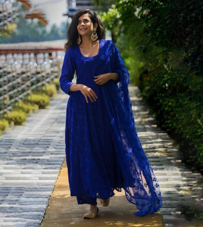 Sky Blue Anarkali Gown Pant Set With Dupatta Indian