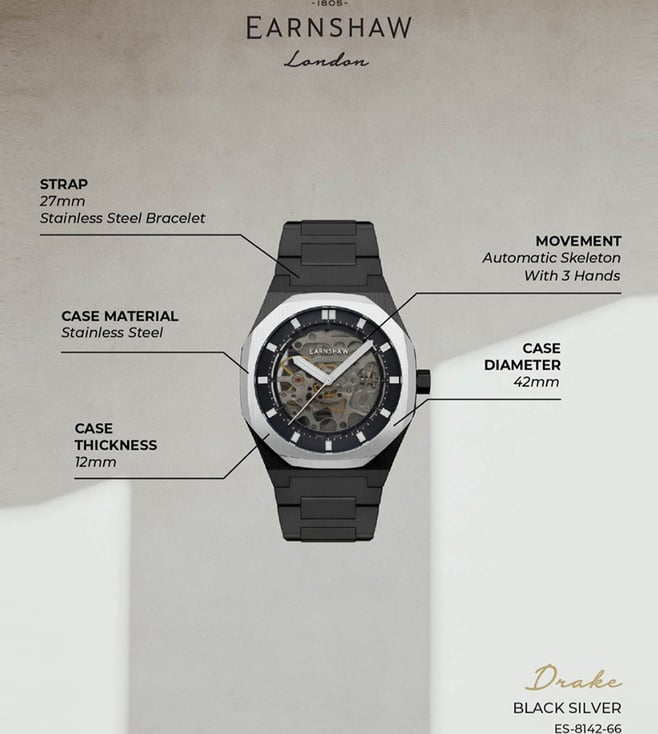 Thomas Earnshaw Orologio Uomo Automatico Scheletro Drake ES-8142-77, Cassa Nera E Oro Rosa, Cinturino Acciaio - 2